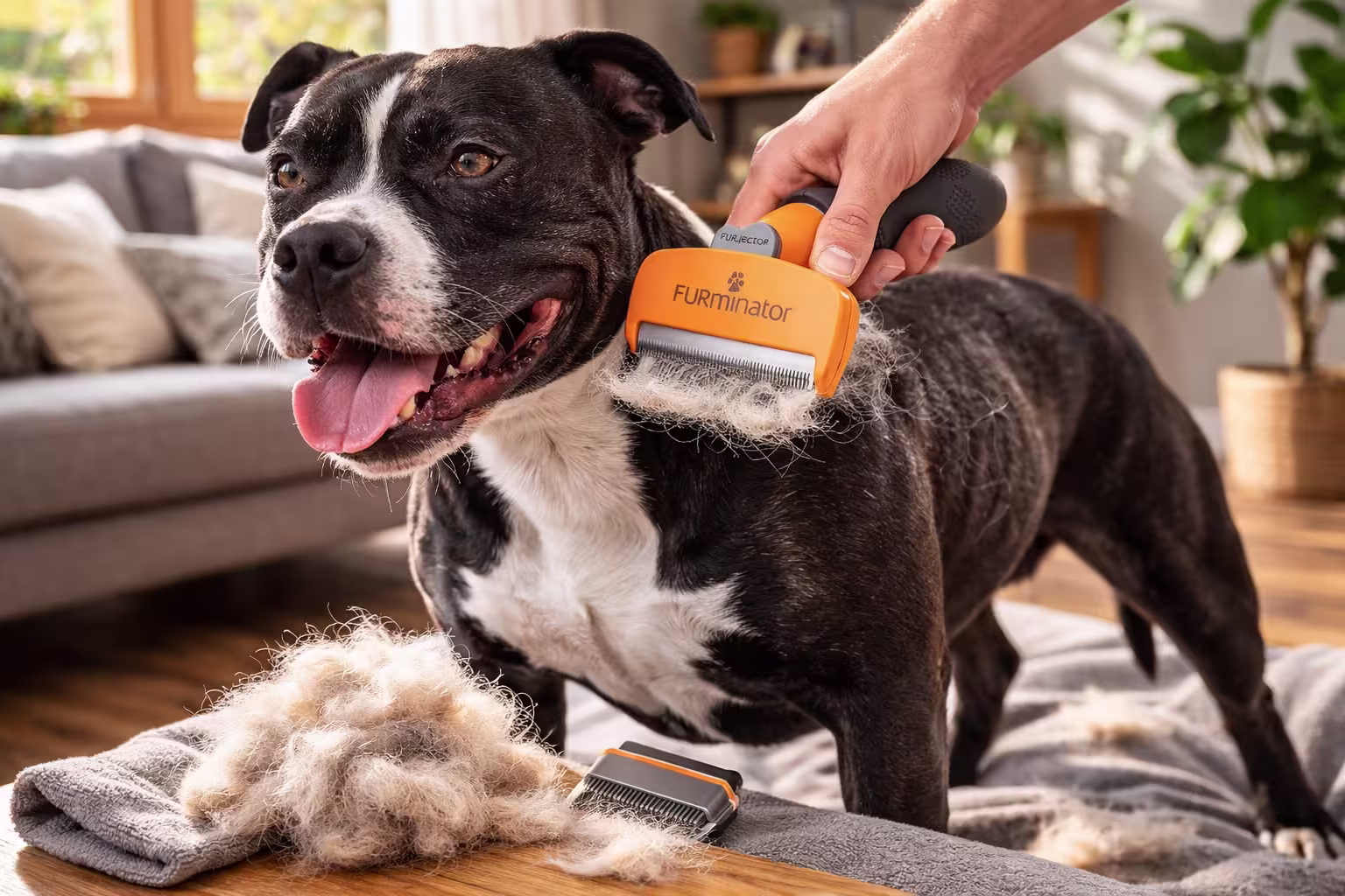 Utilisation de la brosse Furminator poils courts sur un Staffie — brossage de deshedding
